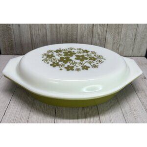 Vtg Pyrex Divided Casserole Dish Oval Avocado Green Crazy Daisy Design with Lid